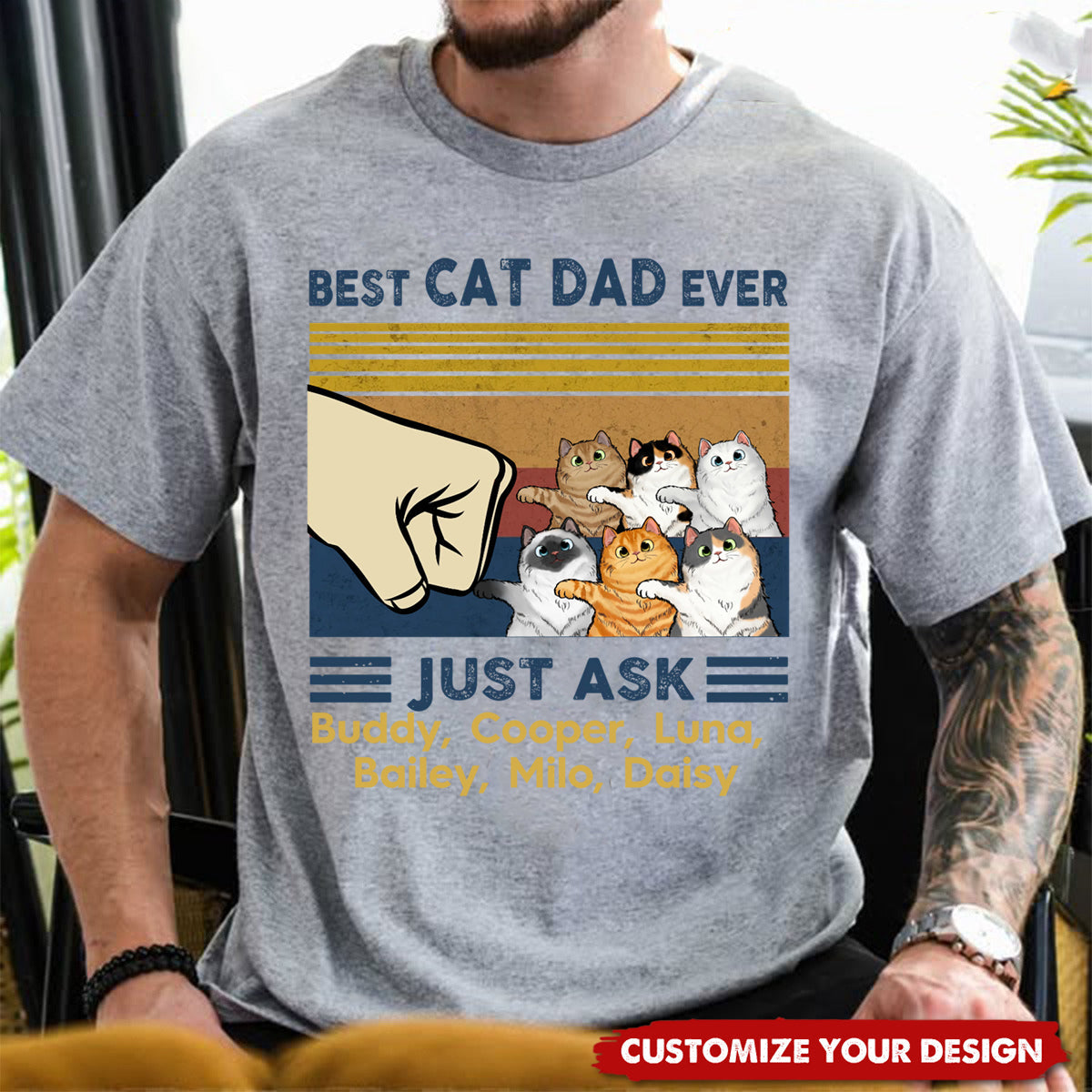 Father's Day 2025 Gift for Cat Dads - Personalized Cat Fist Bump T-Shirt