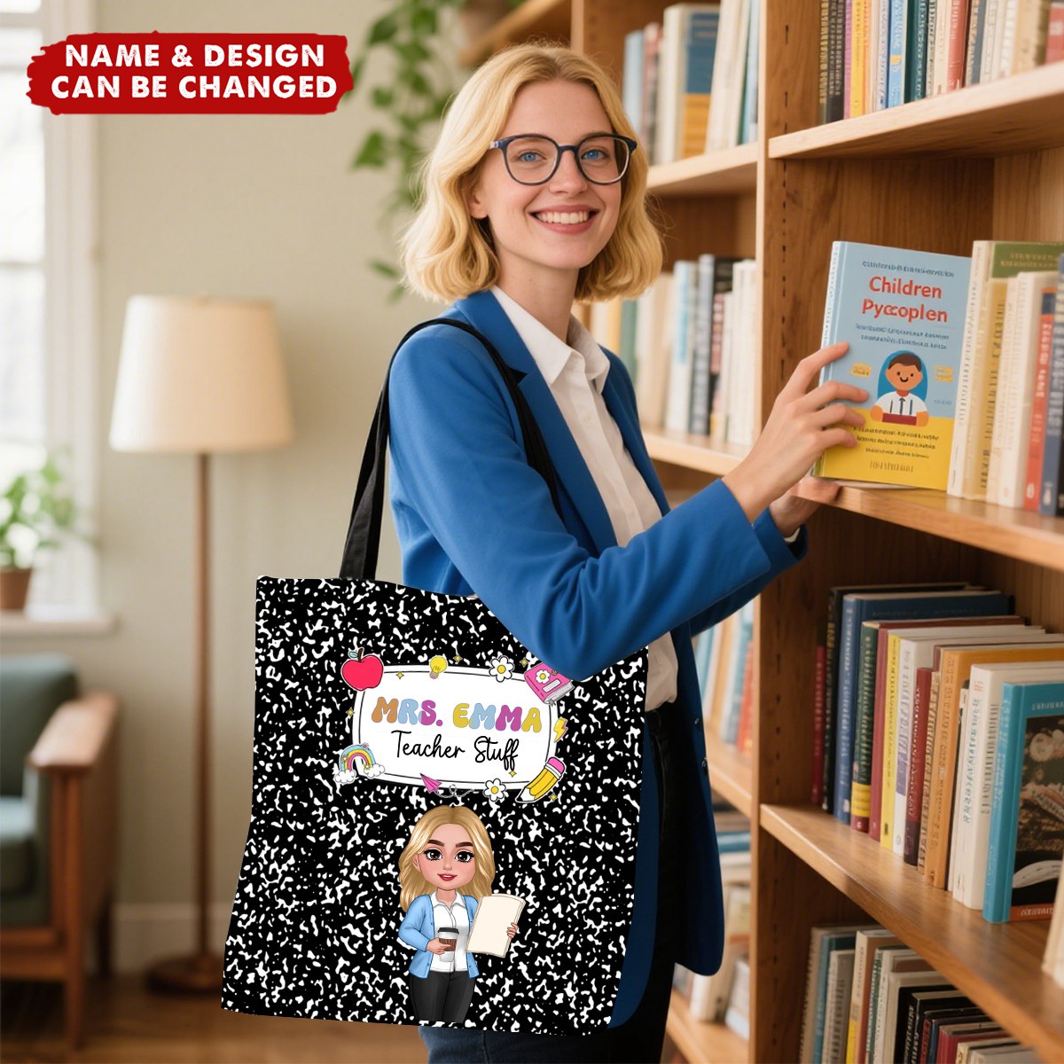 Teacher Composition Book Pattern Personalized Tote Bag, Back To School Gift For Teacher