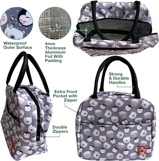 Waterproof Insulated Reusable Lunch Bag Food Drinks Container with Front Padded Pocket Double Zippers For Kids Men Women Work School Picnic